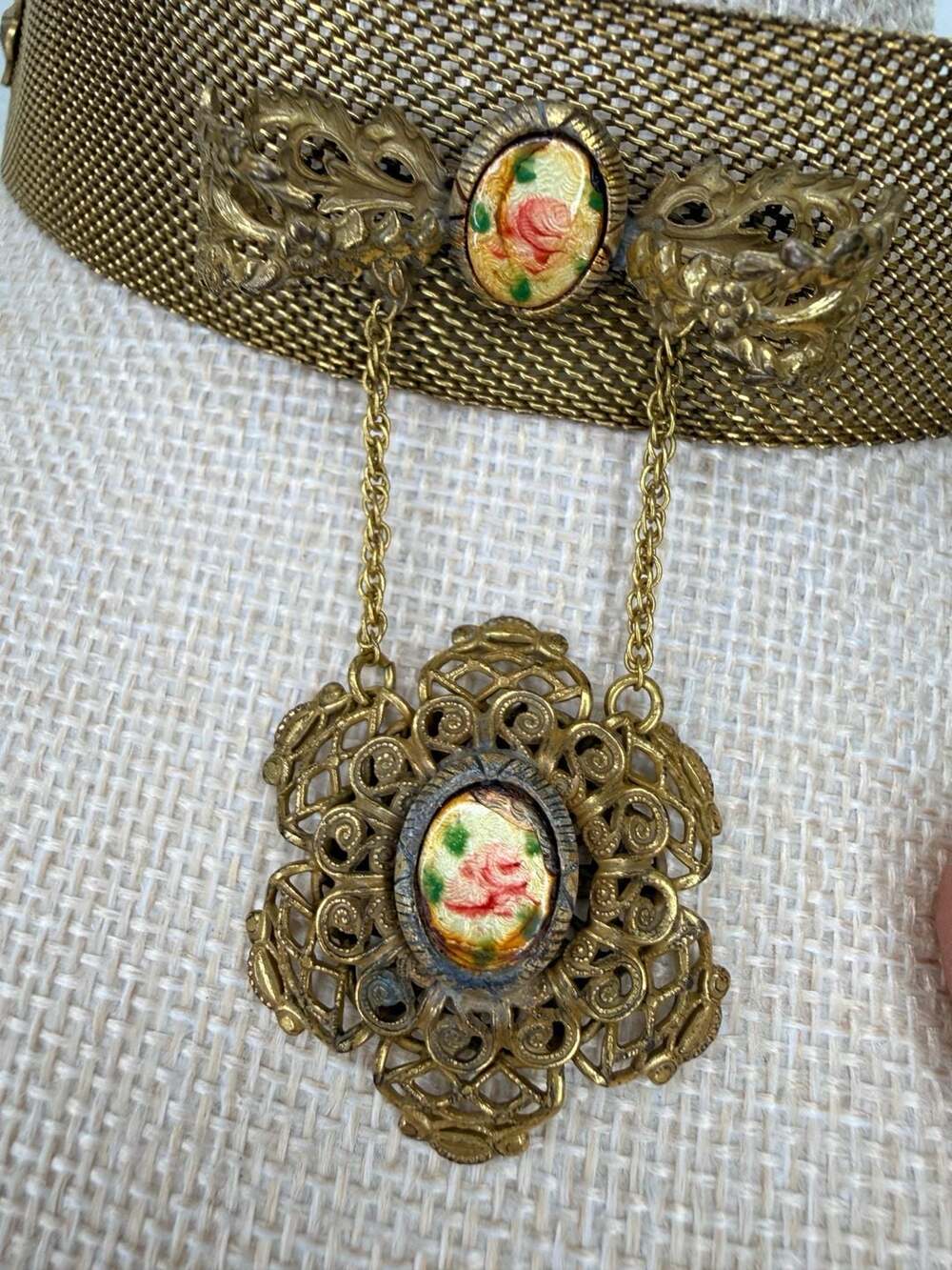 Vintage Brass Mesh Choker Necklace 16 Inch Floral
